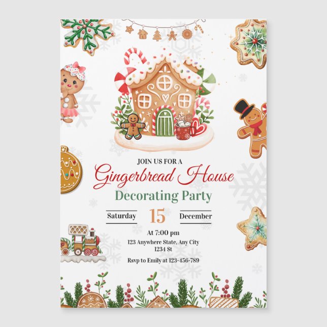 Gingerbread Hus Dekorering Julfest  Magnetisk Inbjudningskort (Framsida)