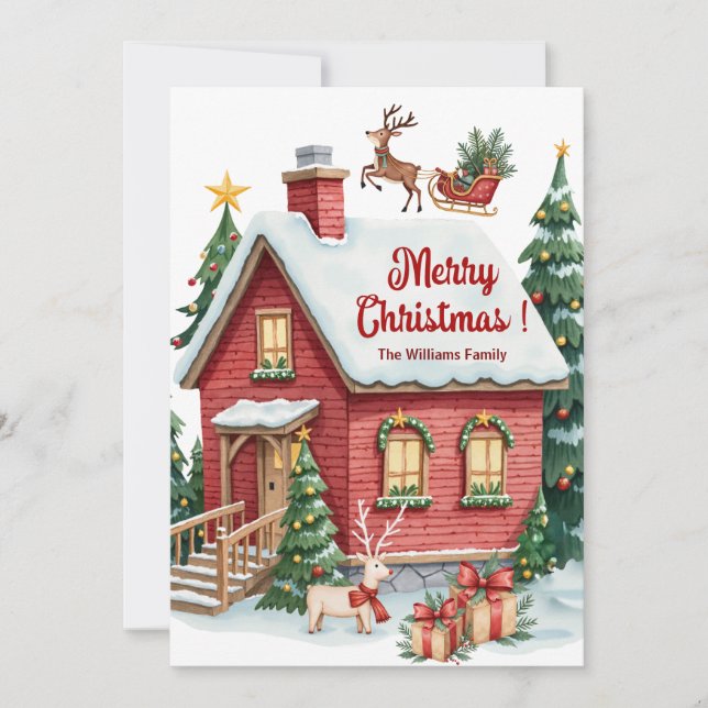 Gingerbread Hus Ren Träd Julkort (Framsida)