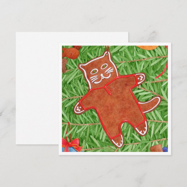 GINGERBREAD KITTY 5.25" Fyrkantigt Platt Kort (Fram/baksida)