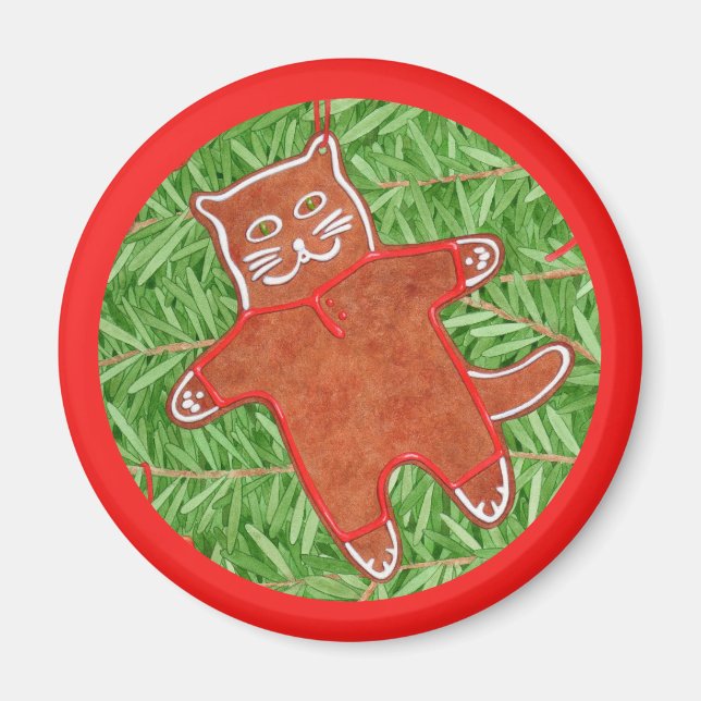 GINGERBREAD KITTY Rund Magnet / Röd (Framsidan)