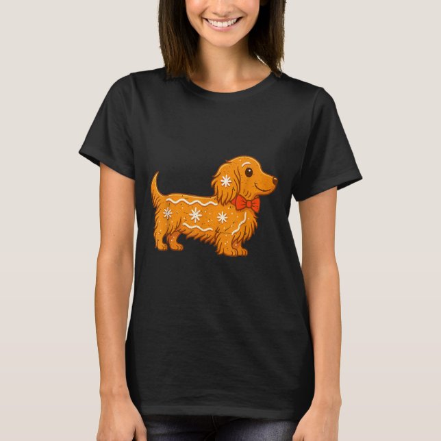 Gingerbread Long Hair Dachshund Christmas Pajama T T Shirt (Framsida)