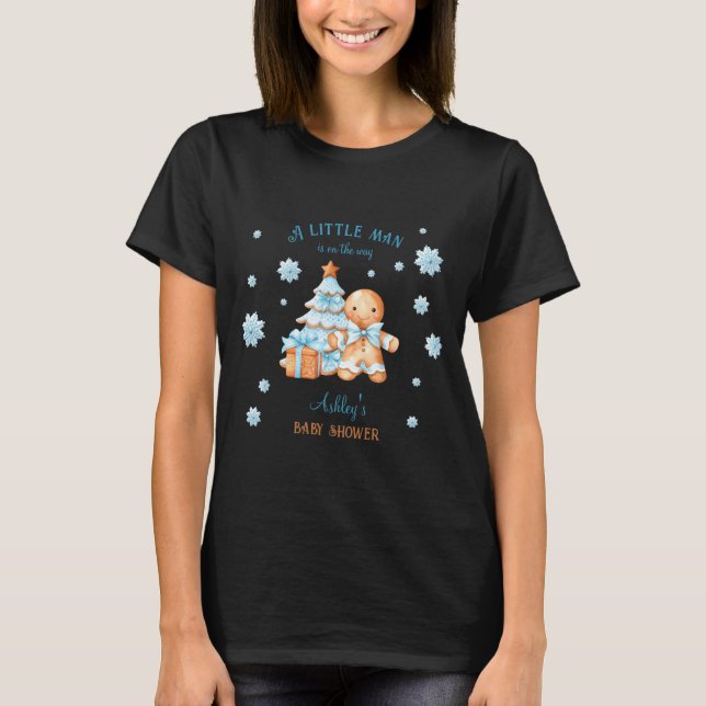 Gingerbread Man Boy Blue Christmas Baby Shower  T Shirt (Framsida)