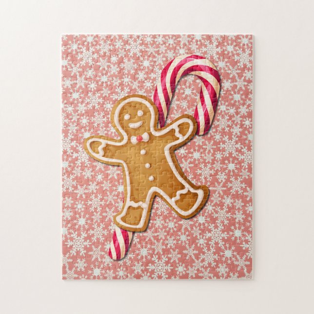 Gingerbread Man Candy Cane Snöflinga Pussel Konst (Vertikal)