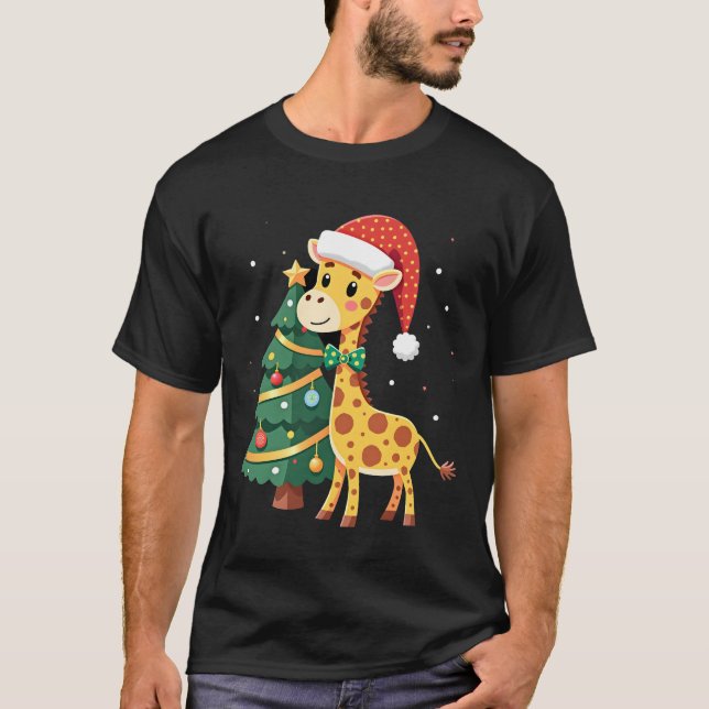 Gingerbread Man Giraffe Santa Hatt Julgran T Shirt (Framsida)