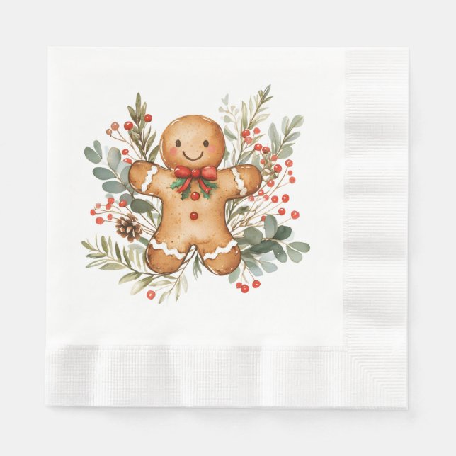 Gingerbread Man Grönska Lövverk Jul Servett (Framsidan)