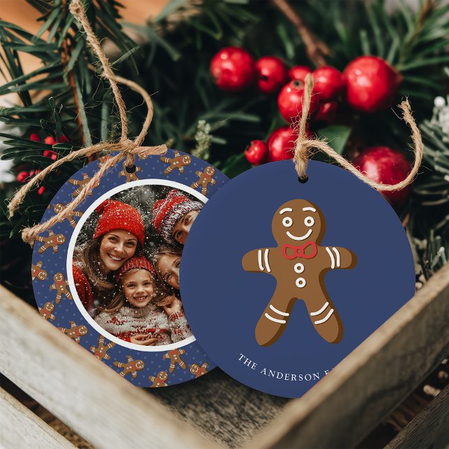 Gingerbread Man Marinblå Prickig Jul Foto Julgransprydnad Keramik (Skapare uppladdad)