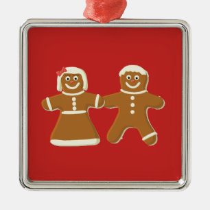 Gingerbread Man och Kvinna på Rött Julgransprydnad Metall