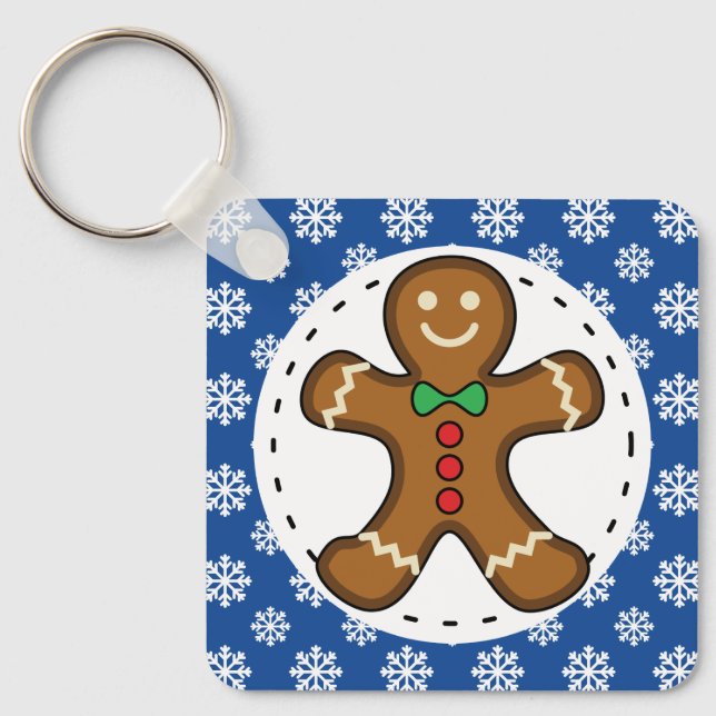 Gingerbread Man på Blå Vita Snöflingor Mönster Nyckelring (Framsida)