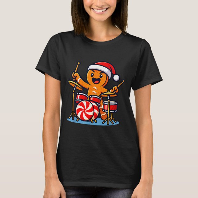 Gingerbread Man Playing Drums  T Shirt (Framsida)