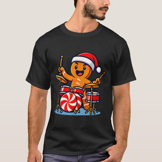 Gingerbread Man Playing Drums  T Shirt (Framsida)
