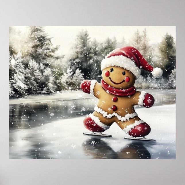 Gingerbread Man Skating Print Christmas Art Poster (Framsidan)