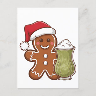 Gingerbread Man som håller Matcha Drink Jul Meddelande Vykort