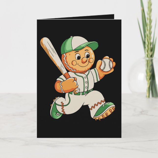 Gingerbread Man Spelar Baseboll Jul Xmas Helgkort (Framsida)