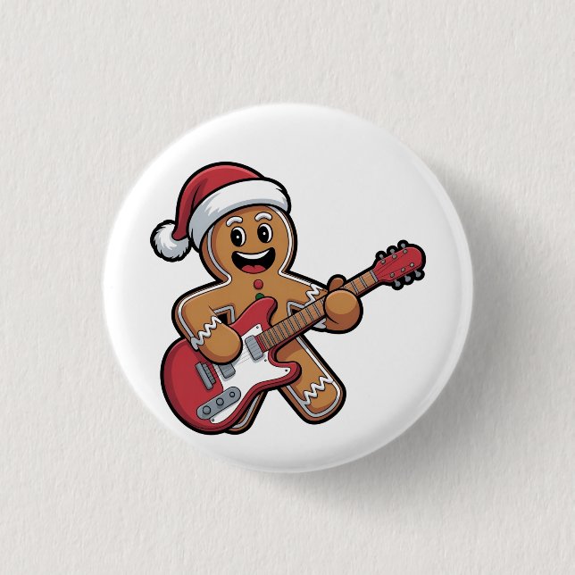 Gingerbread Man Spelar Gitarr Elektrisk Jul  Knapp (Framsida)