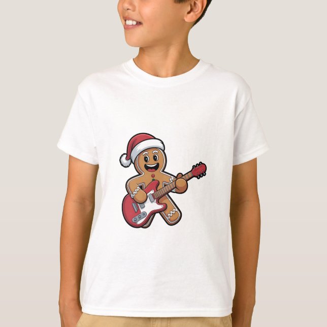 Gingerbread Man Spelar Gitarr Elektrisk Jul  T Shirt (Framsida)