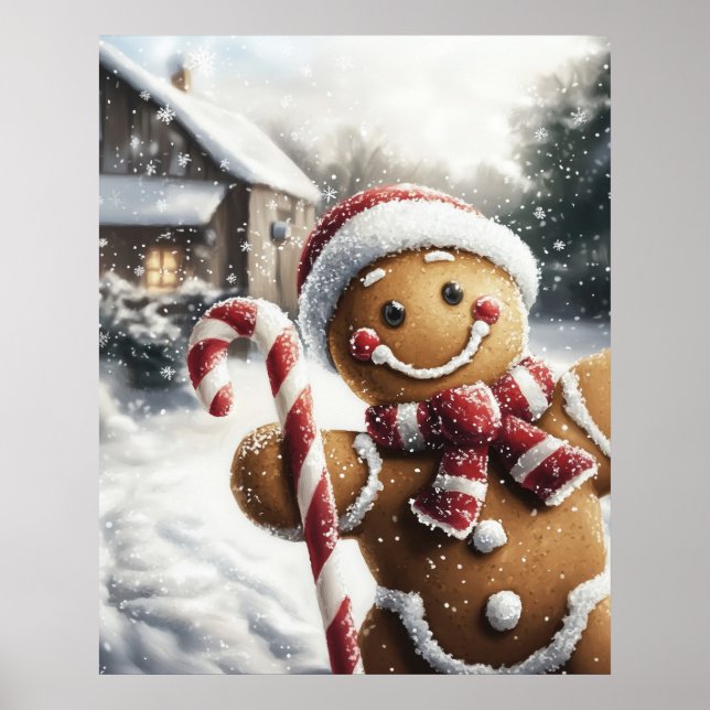 Gingerbread Man with Candy Cane Wall Art Poster (Framsidan)