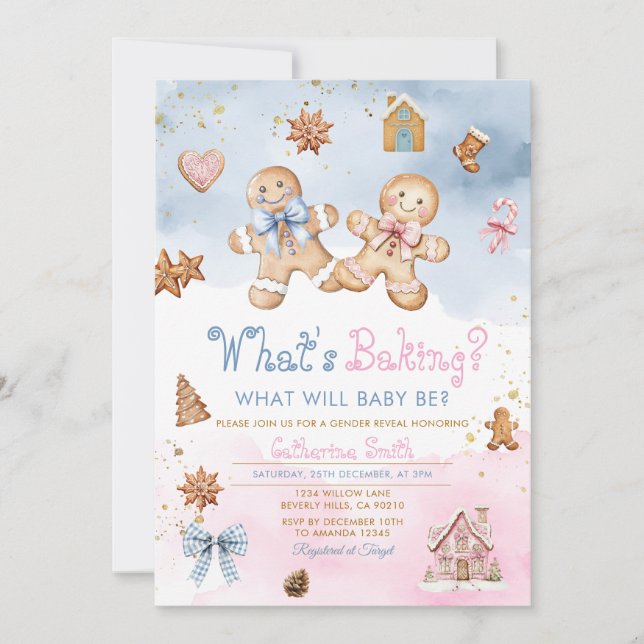 Gingerbread Pojke Flicka Kakor Rosa Blå Vinter  Inbjudningar (Framsida)