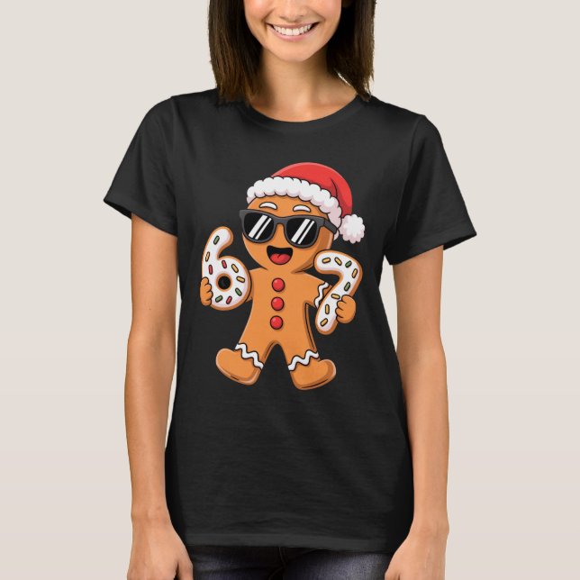 Gingerbread Santa With Sungles Holding 67 Cookies  T Shirt (Framsida)
