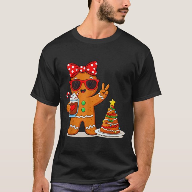 Gingerbread Women Drinking Coffee Christmas Tree C T Shirt (Framsida)