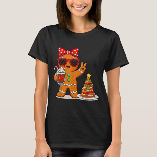 Gingerbread Women Drinking Coffee Christmas Tree C T Shirt (Framsida)