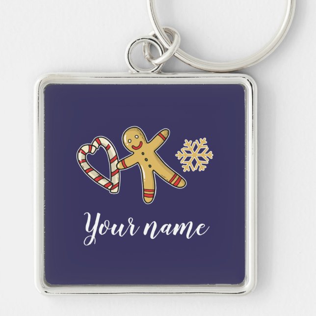 Gingerbreadman Kärlek Fyrkantig Silverfärgad Nyckelring (Framsidan)