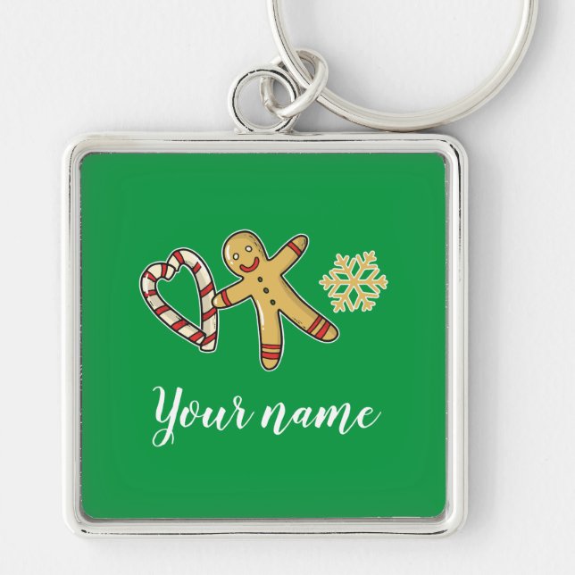 Gingerbreadman Kärlek Fyrkantig Silverfärgad Nyckelring (Framsidan)