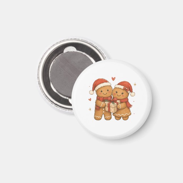 Gingerbreadpar med present och tomtehattar  magnet (Front/Back)