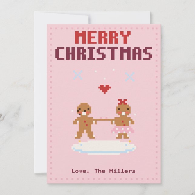 Gingerbreadpar Pink Pixel Art Julkort (Framsida)