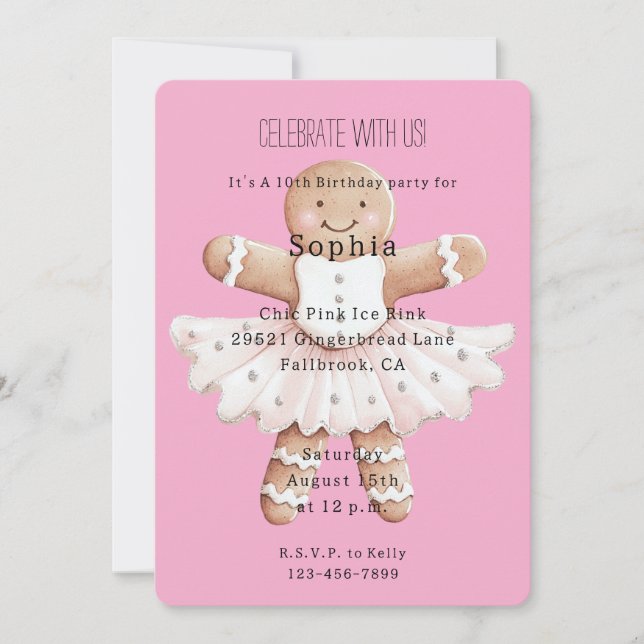 Gingerbröd Ballerina Rosa Birthag Inbjudningar (Framsida)