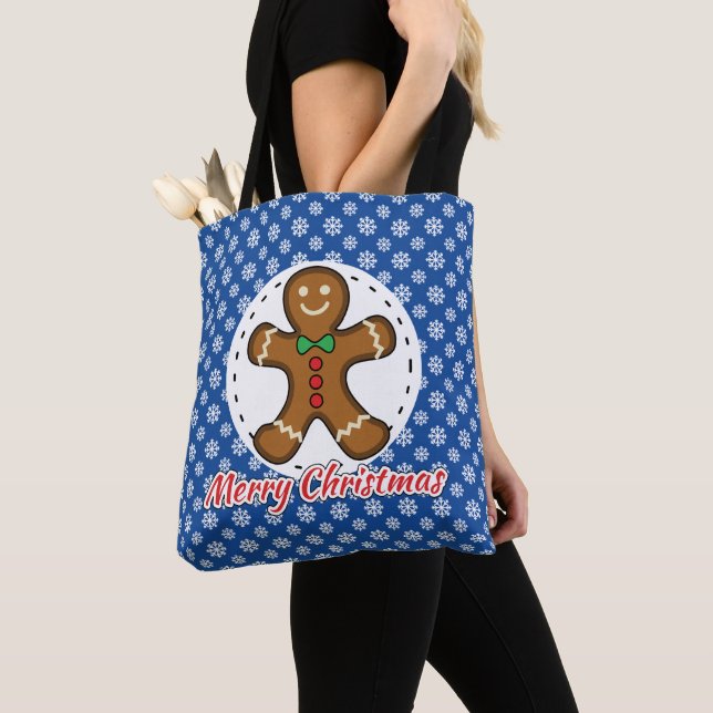 Gingerbröd - Blå Snöflingor Mönster - God jul Tygkasse (Närbild)
