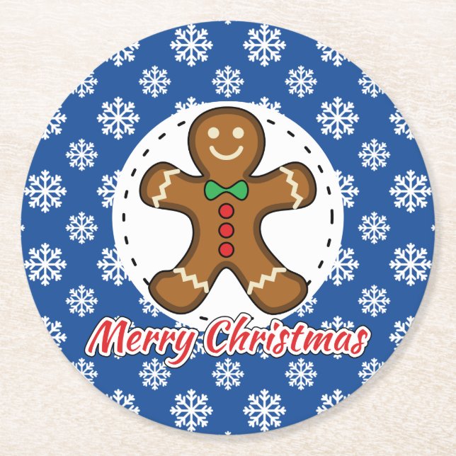 Gingerbröd - Blå Snöflingor Mönster - God jul Underlägg Papper Rund (Framsidan)