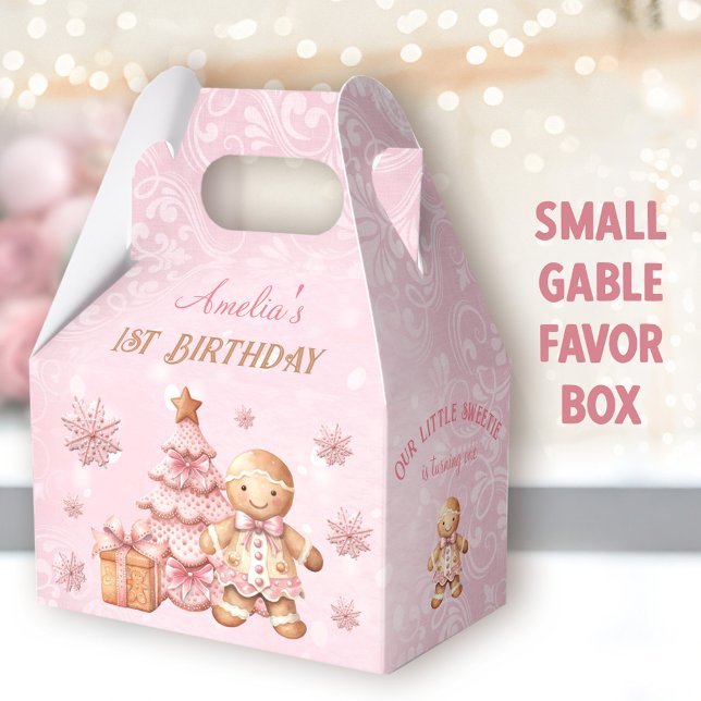 Gingerbröd Flickor Rosa jul 1:a födelsedagsgest Presentaskar (Gingerbread Birthday Small Gable Favor Boxes -You can choose from 3 sizes of these gable favor boxes)