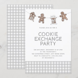 Gingerbröd Grått Gingham Cookie Exchange Swap Inbjudningar