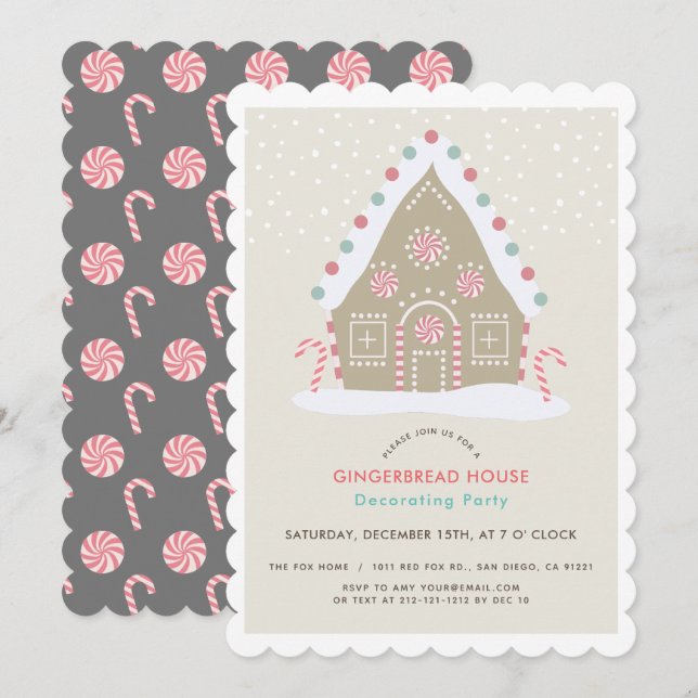 Gingerbröd House Decororation Beige Julfest Inbjudningar (Fram/baksida)