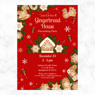Gingerbröd House Decororation Party Red & Grönt Inbjudningar