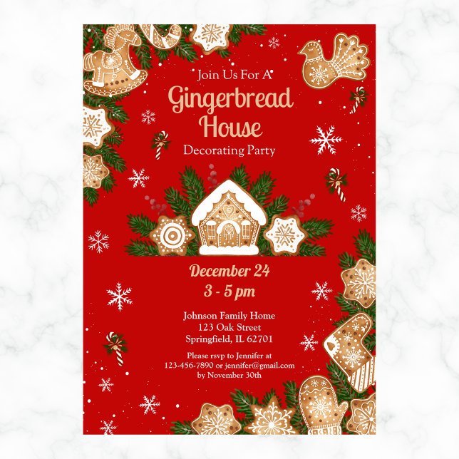 Gingerbröd House Decororation Party Red & Grönt Inbjudningar (Skapare uppladdad)