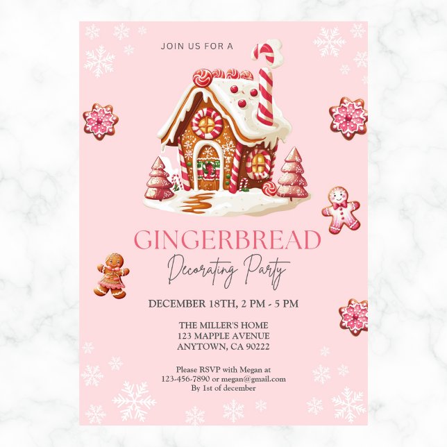 Gingerbröd House Decororation Party Rosa Inbjudningar (Skapare uppladdad)