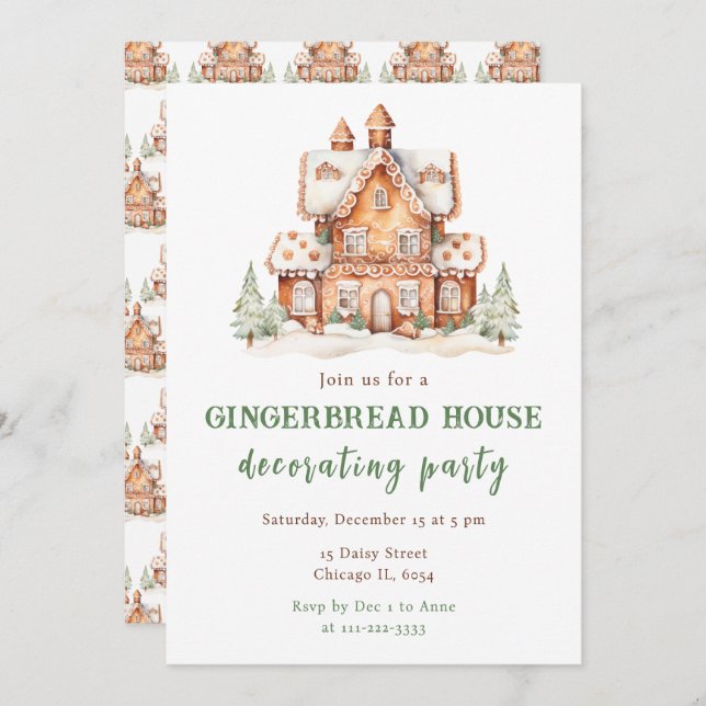 Gingerbröd House Decororto jul Party Inbjudningar (Fram/baksida)