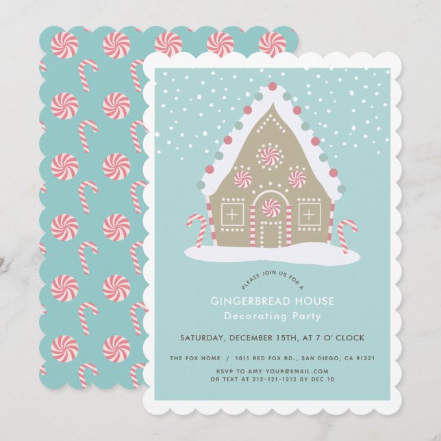 Gingerbröd House Decortor Blue Julfest Inbjudningar (Fram/baksida)