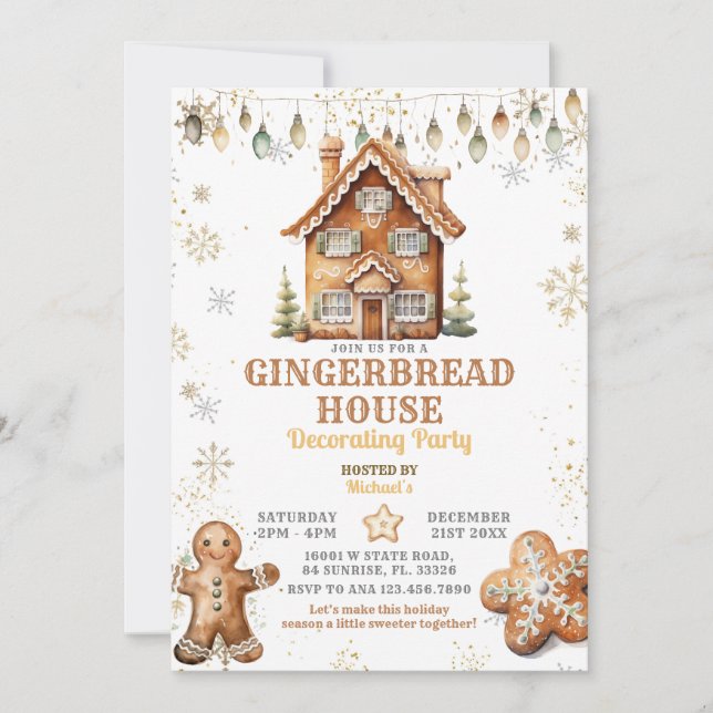 Gingerbröd House Guld jul Decoration Party Inbjudningar (Framsida)