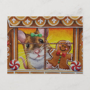 Gingerbröd House Mouse & Cookie Watercolor Art Vykort