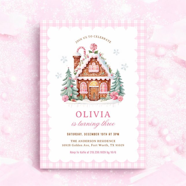 Gingerbröd House Rosa jul Birthund Inbjudningar (Skapare uppladdad)