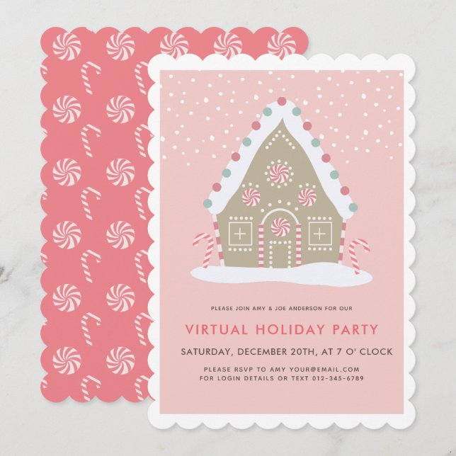 Gingerbröd House Rosa Virtuell Julfest Inbjudningar (Fram/baksida)