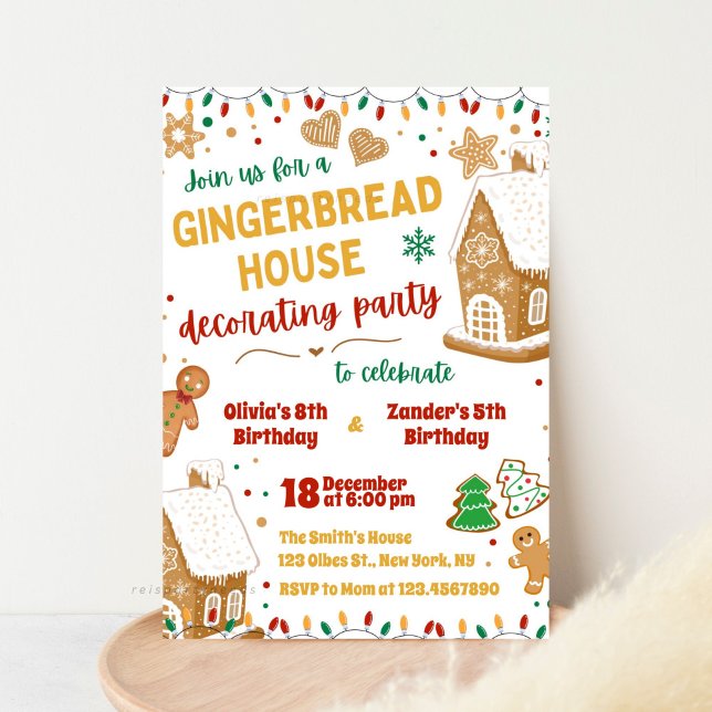 Gingerbröd House Syskon Dubbla Birthday Inbjudningar ( Gingerbread House, Birthday Party Invitation, Christmas Cookie, Decorating Party Invite, Gingerbrea)
