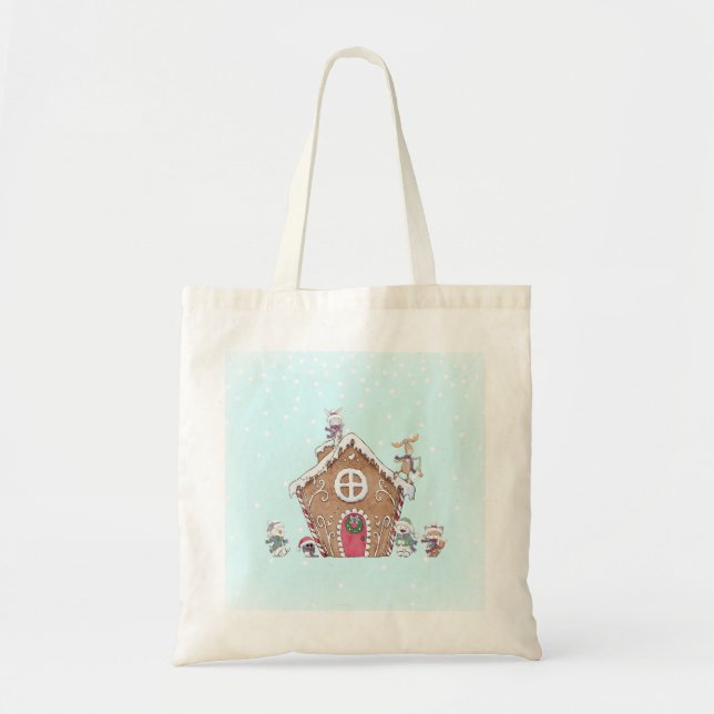 Gingerbröd House Winter Ice Skating Animal Anpassn Tygkasse (Framsidan)