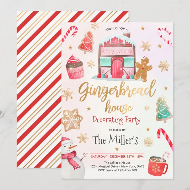 Gingerbröd Hus dekorerar Helgdag från Party Inbjudningar (Fram/baksida)