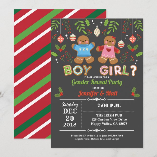 Gingerbröd Julens gender avslöjar babydusch Inbjudningar (Fram/baksida)