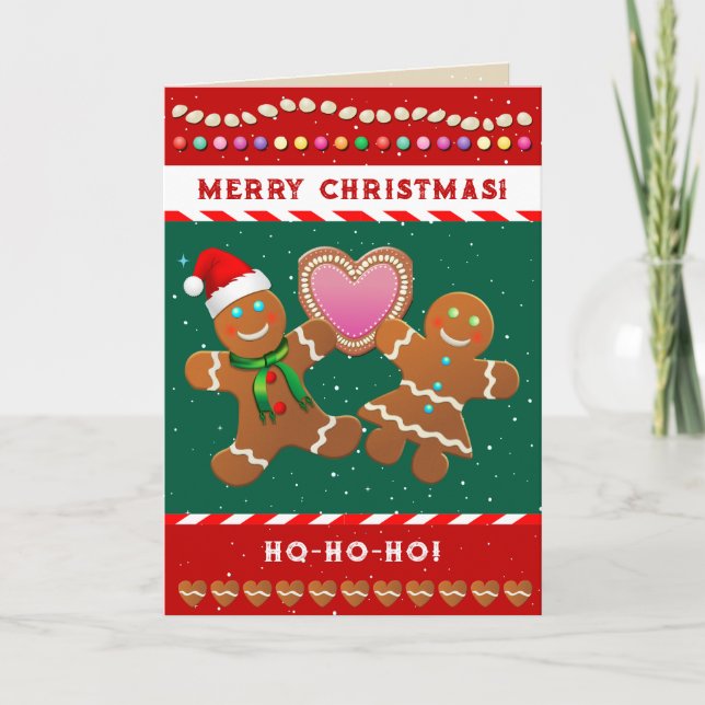 Gingerbröd kookies som håller ett hjärta helgkort (Framsida)