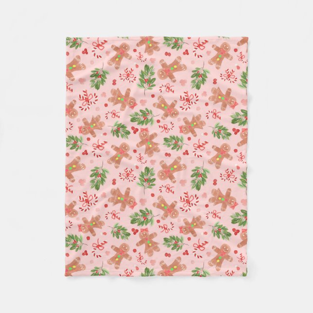 Gingerbröd och Holly Grenar SMALL ROSA Blanket Fleecefilt (Framsidan)