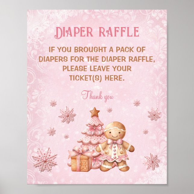 Gingerbröd Rosa Baby Shower Diaper Raffle Sign Poster (Framsidan)
